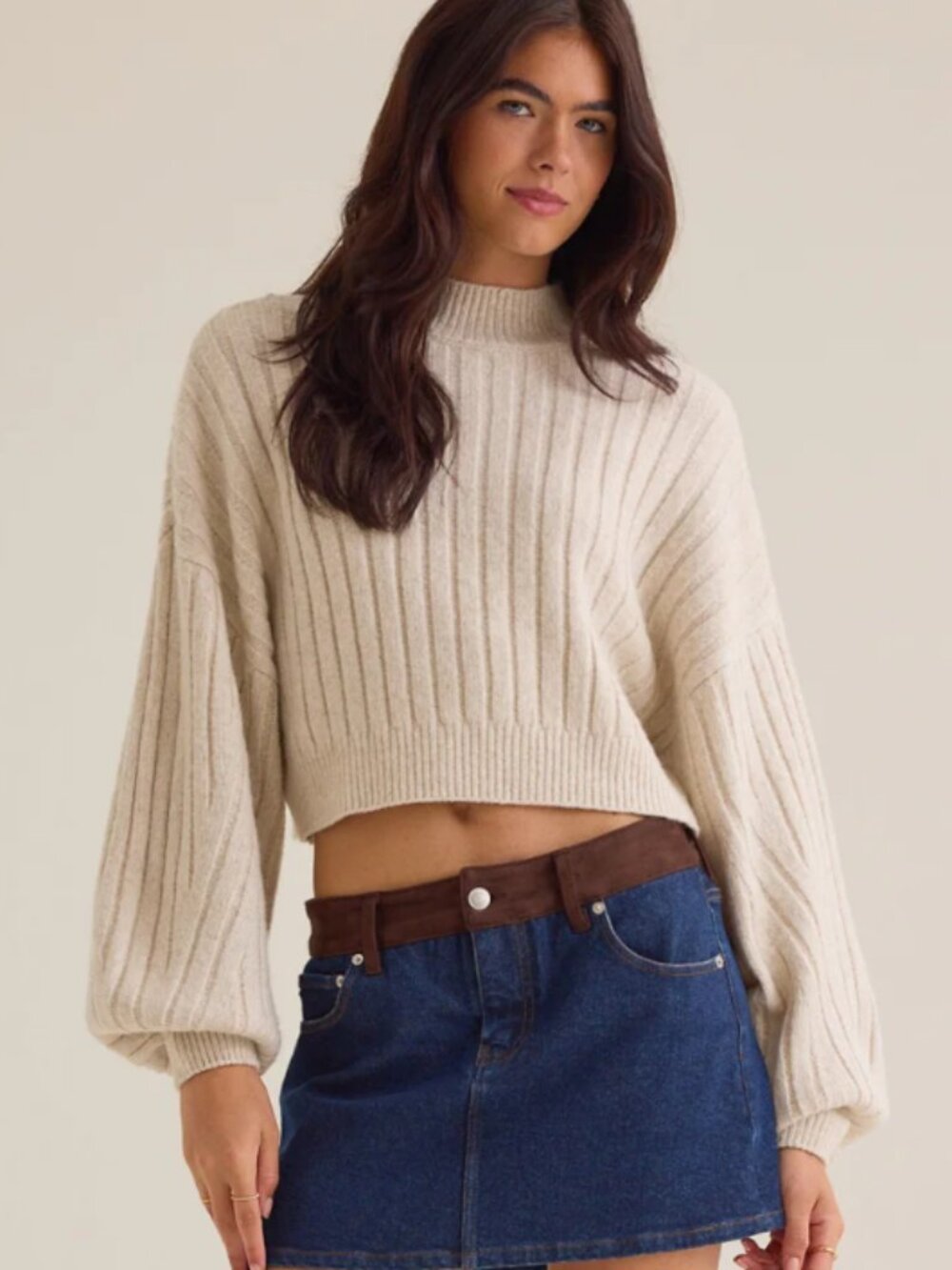 Altar'd State Cropped Ribbed Knit Sweater Beige - Women’s XS